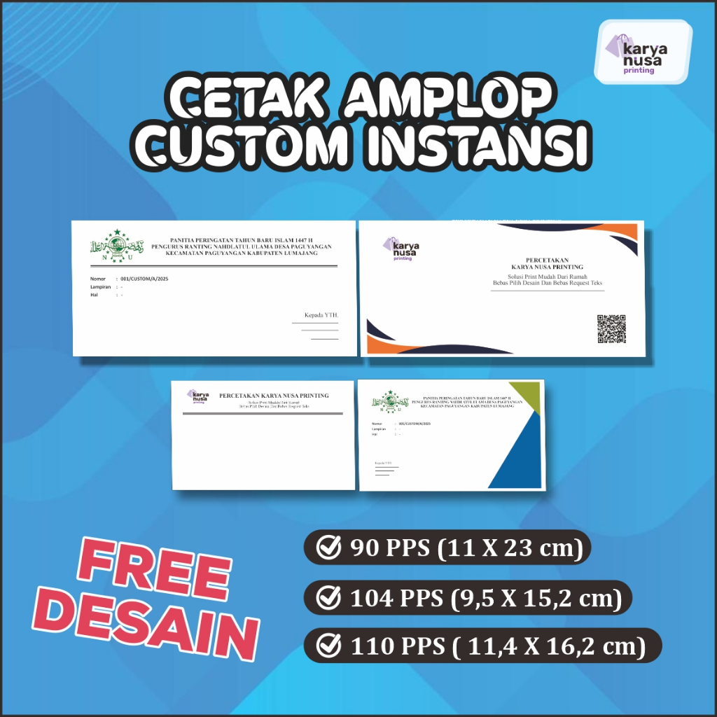 

Amplop Instansi & Sumbangan Custom Tanpa Minimal Order - 3 Ukuran 90/104/110 SPP, Full Color Free Desain untuk Perusahaan, Sekolah, Kantor & Acara Hajatan
