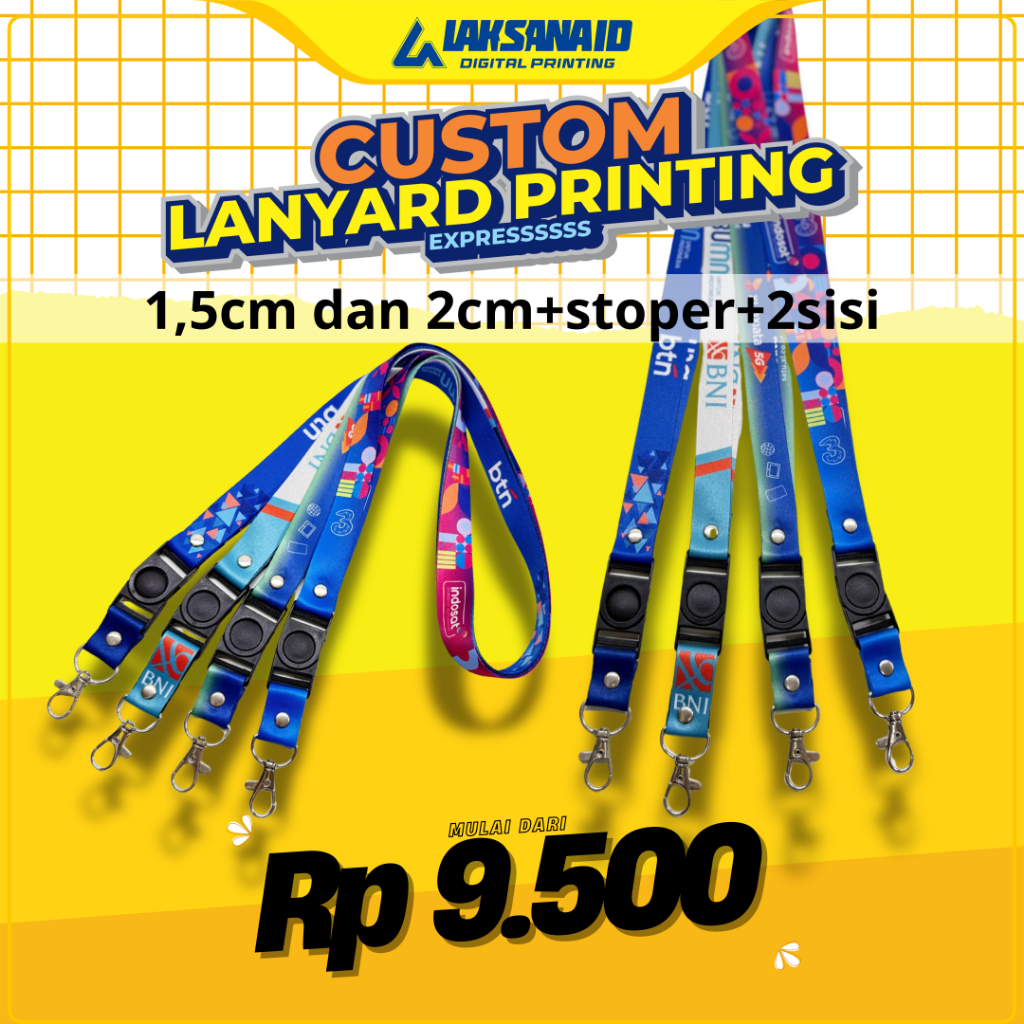 

Cetak Tali id card lanyard custom printing 1,5cm dan cetak 2cm 2sisi stopper+kait