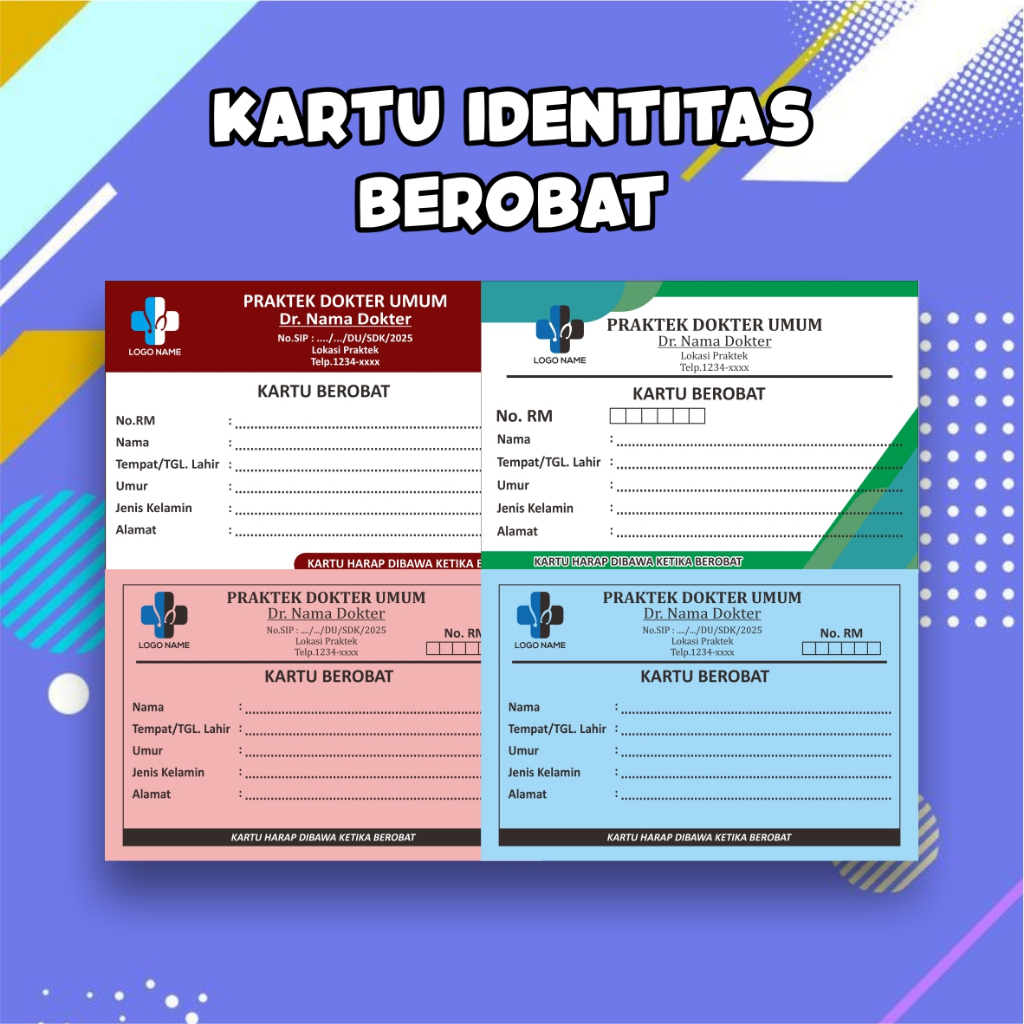 

Kartu Berobat Pasien Custom - Bahan Premium BC TIK 160gsm Cetak Full Color HD atau BC 160gsm 1 Warna - 4 Varian Warna Putih Kuning Hijau Biru - Untuk Rumah Sakit & Klinik - Tanpa Minimal Order - Kirim Cepat