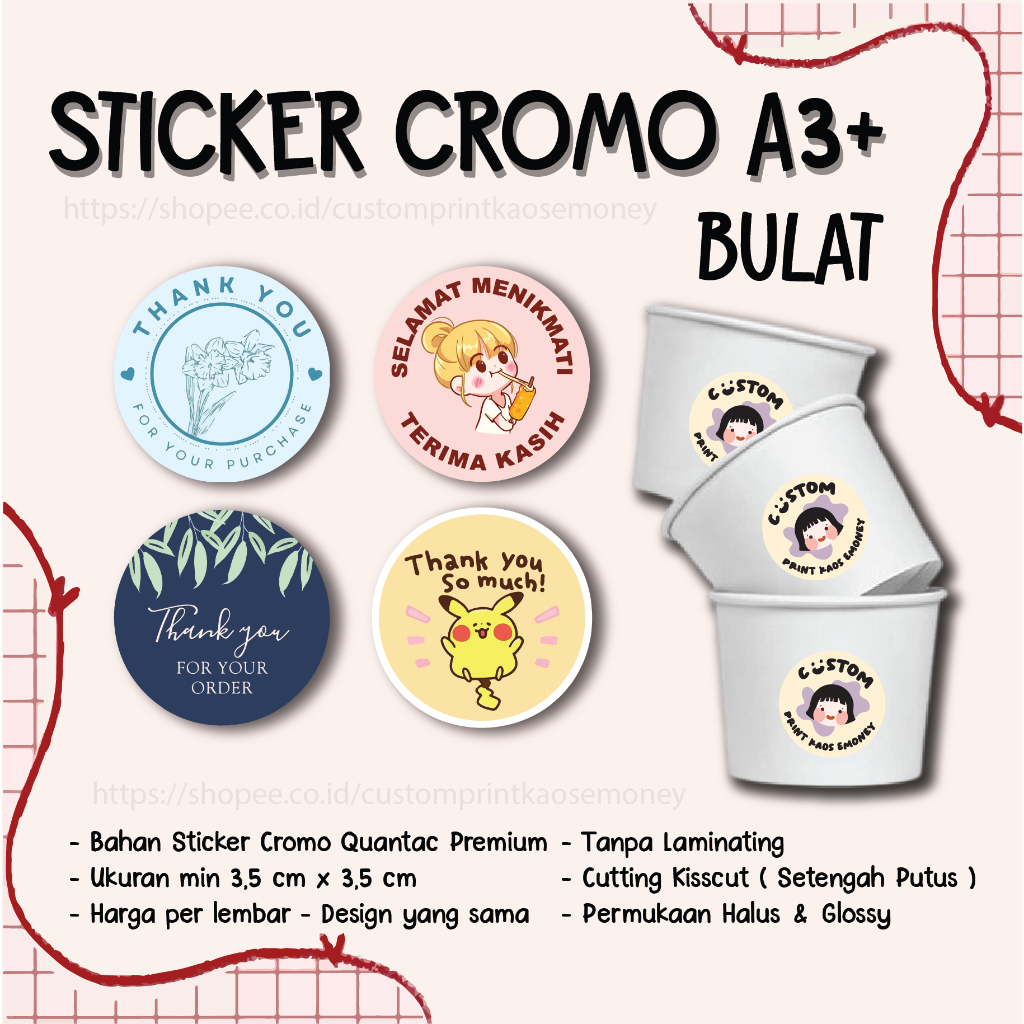 

Cetak Stiker Cromo Bulat Logo Label Makanan Print Sticker Thank You Custom Lingkaran Chromo A3+