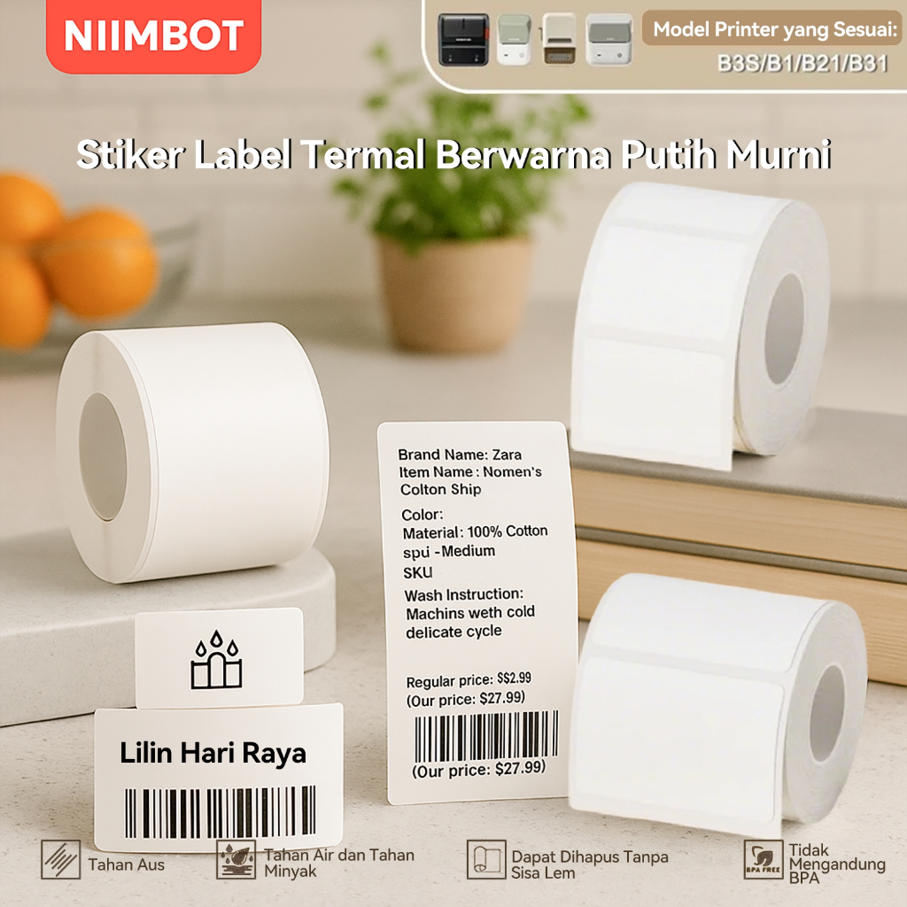 

NIIMBOT B1/B21/B3S Kertas Stiker Label Termal Putih Lebar Pakaian Harga Komoditas Makanan