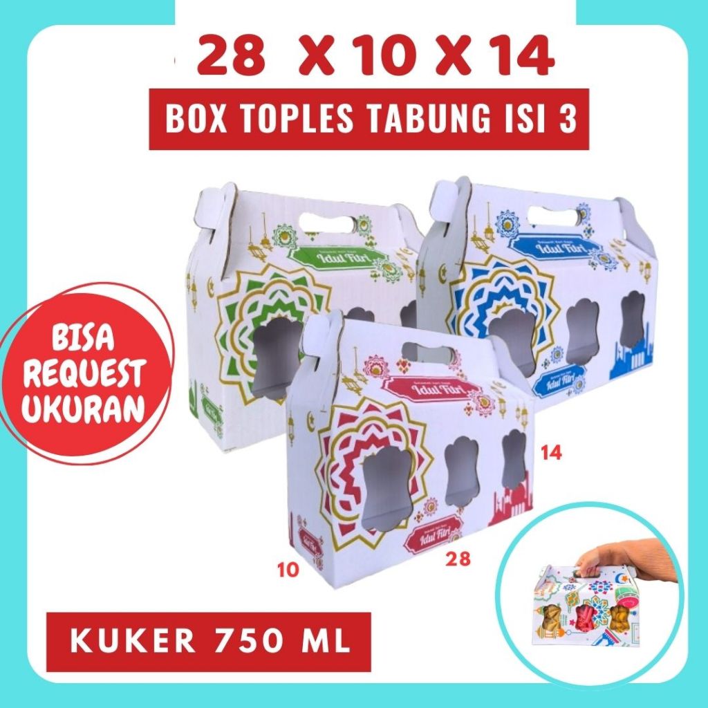 

Box Kue Kering 28x10x14 Jinjing (KUKER TOPLES JAR 750ml ISI 3) Kardus Lebaran Idul Fitri Hampers