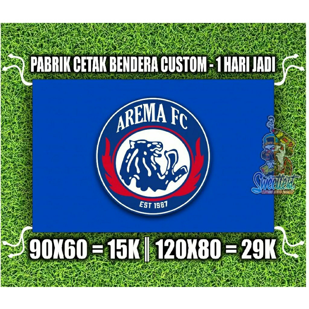 READY STOK + FREE STICKER BENDERA AREMA, MINIFLAG AREMA, GIANTFLAG AREMA, LOGO AREMA, SPANDUK KAIN A