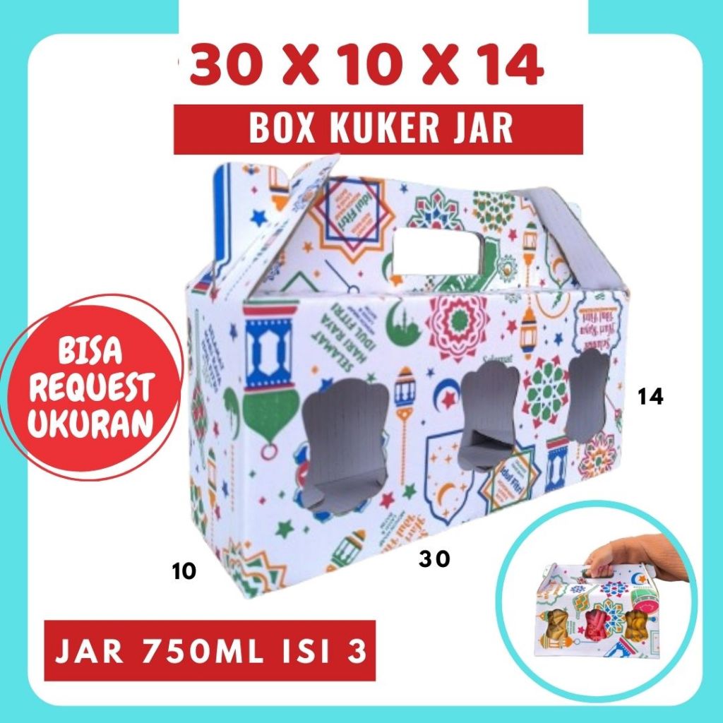 

Box kuker 30x10x14 Jinjing (KUKER TOPLES JAR 750ml Isi 3) Kardus Kue Kering / Idul Fitri /Hampers / Lebaran / Gable Box Polos/Motif