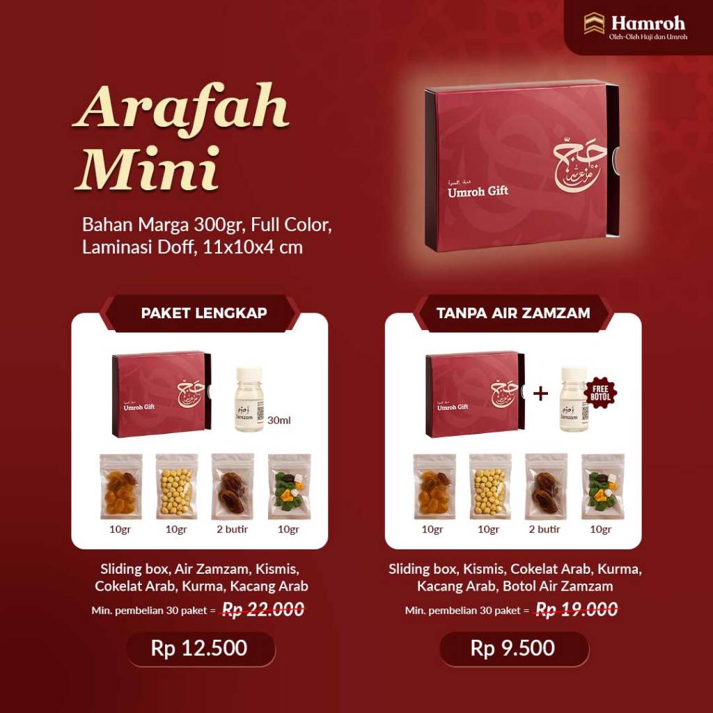 

Arafah Mini – Oleh-oleh Haji & Umroh Eksklusif (Paket Lengkap / Tanpa Air Zamzam)