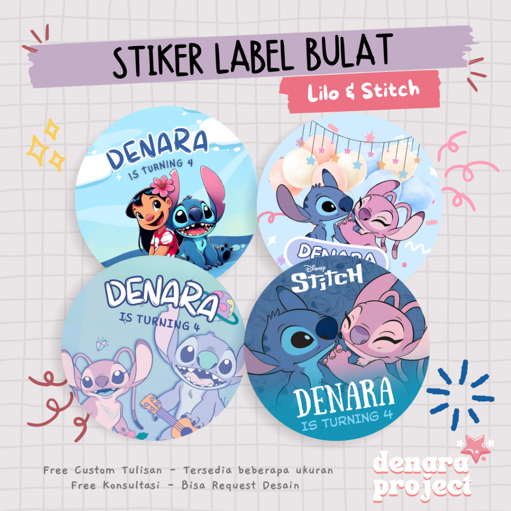 

(50 PCS) Stiker Bulat Custom Bento Hampers Ulang tahun Lilo & Stitch