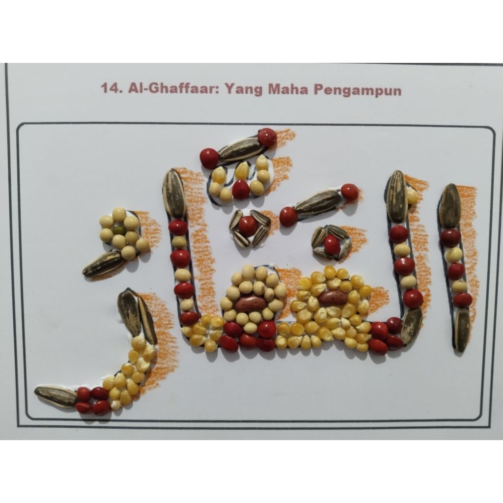 kolase biji bijian kaligrafi prakarya