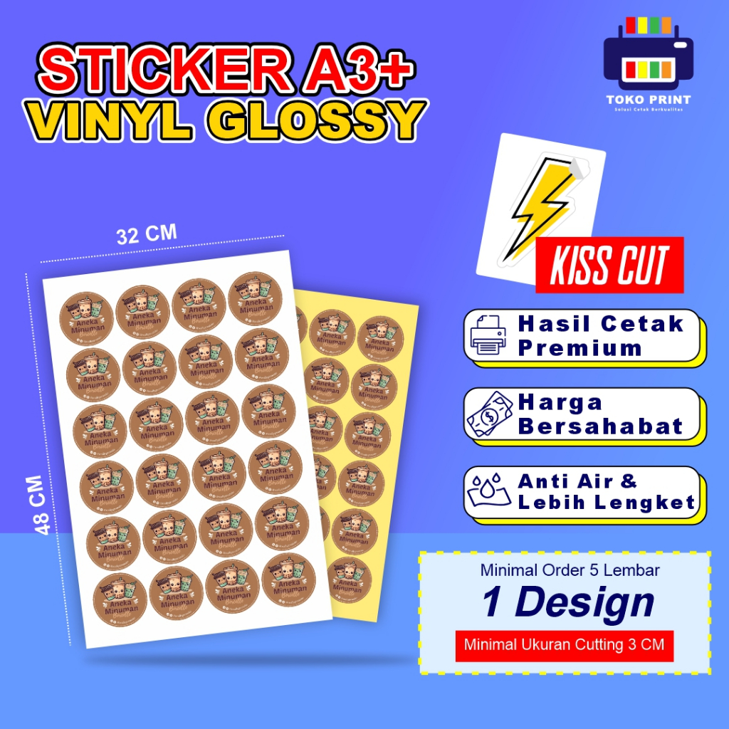 

Cetak Stiker Glossy Kisscut Anti Air | Print Sticker Waterproof Custom