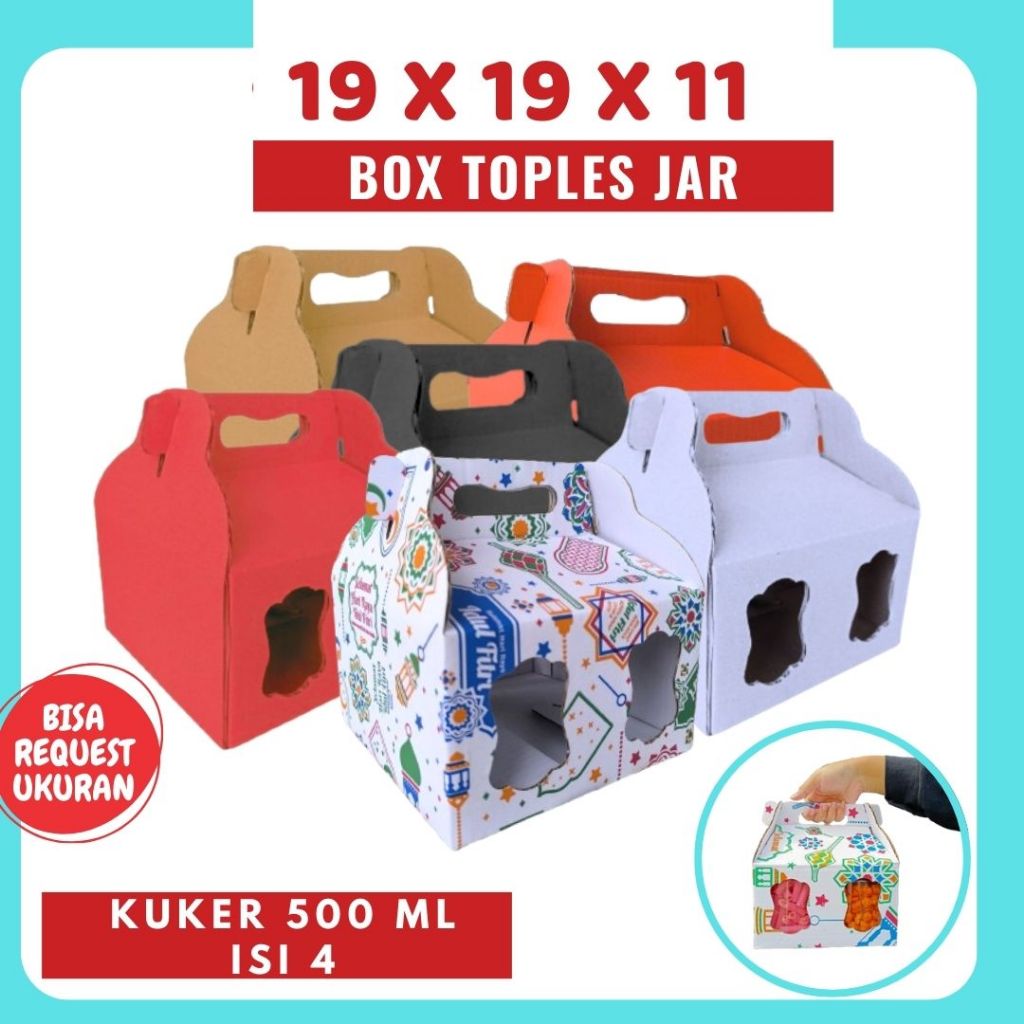 

Box Kuker jar 19x19x11 Toples Jar 500ml isi 4 Jinjing Gable Box Kue Kering Dus Hampers Idul Fitri