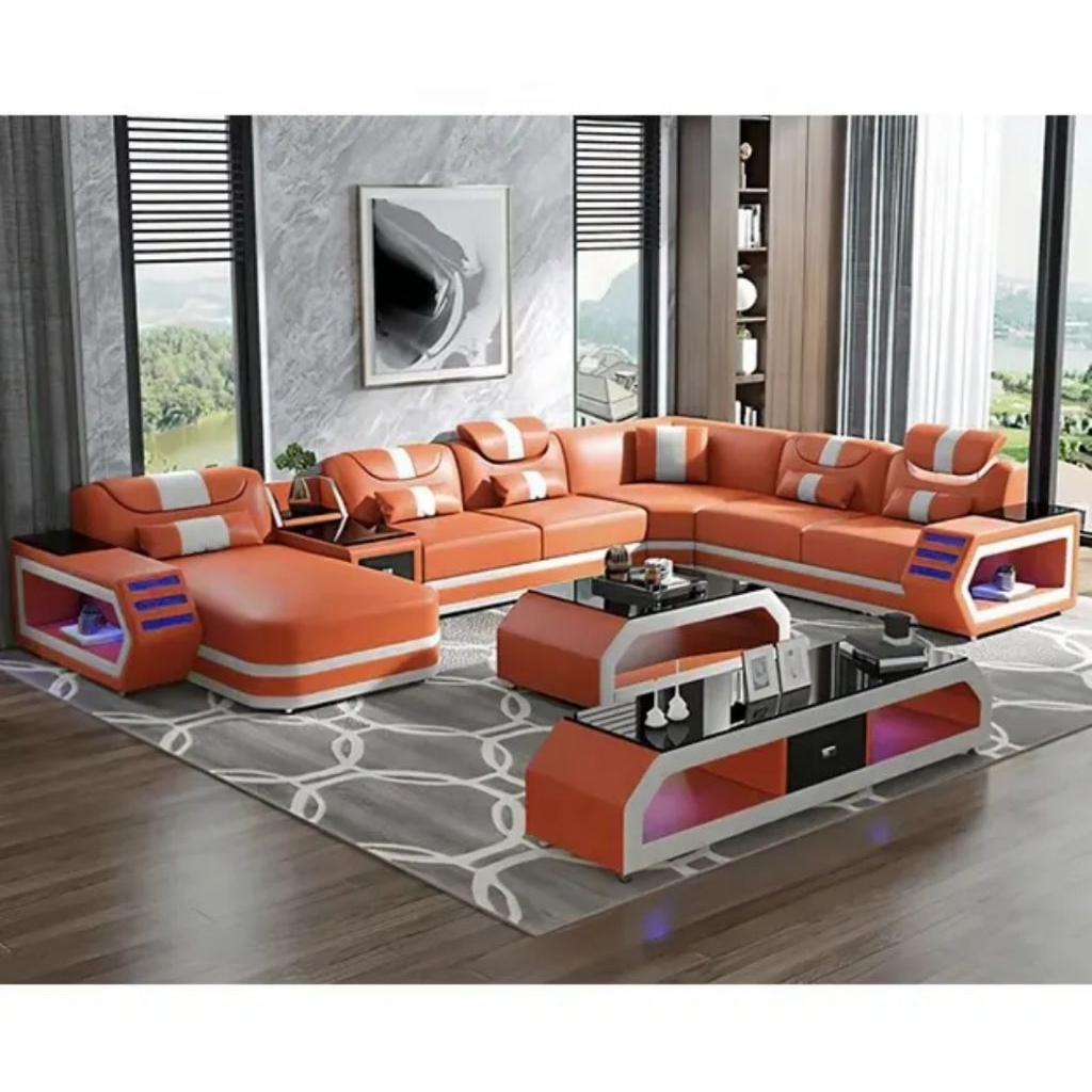 Sofa LED fungsional bentuk U ruang tamu mewah | set sofa nakas tv