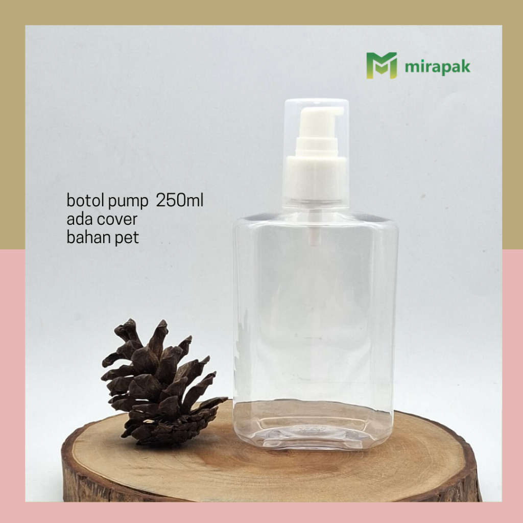 BOTOL PUMP 250ML HEXAGON BENING CLEAR PET PLASTIK - TUTUP PUMP LOTION PUTIH -  BOTOL TEBAL / SERUM K