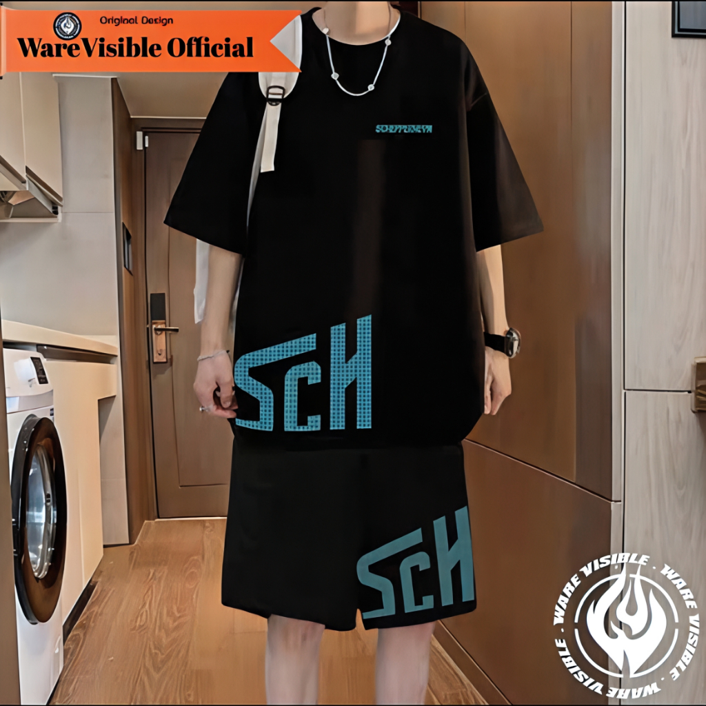 WareVisible Setelan Kaos + Celana Pendek SCH Outfit Pria Oversize Korean Style ORIGINAL