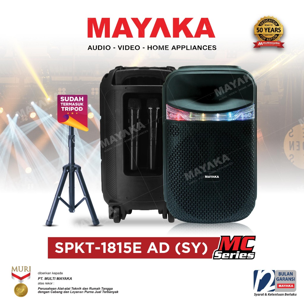 Mayaka Speaker Portable 15 Inch Tripod 2 Wireless Mic Karaoke LED Bluetooth USB AUX SPKT-1815EAD(SY)