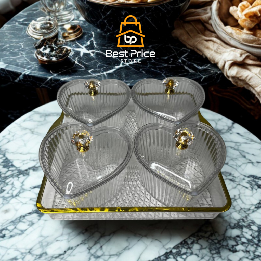 Tempat Snack/Toples Cantik Tutup Kristal Gold/Toples Kue Kering Set 4 sekat/Toples Kue Akrilik