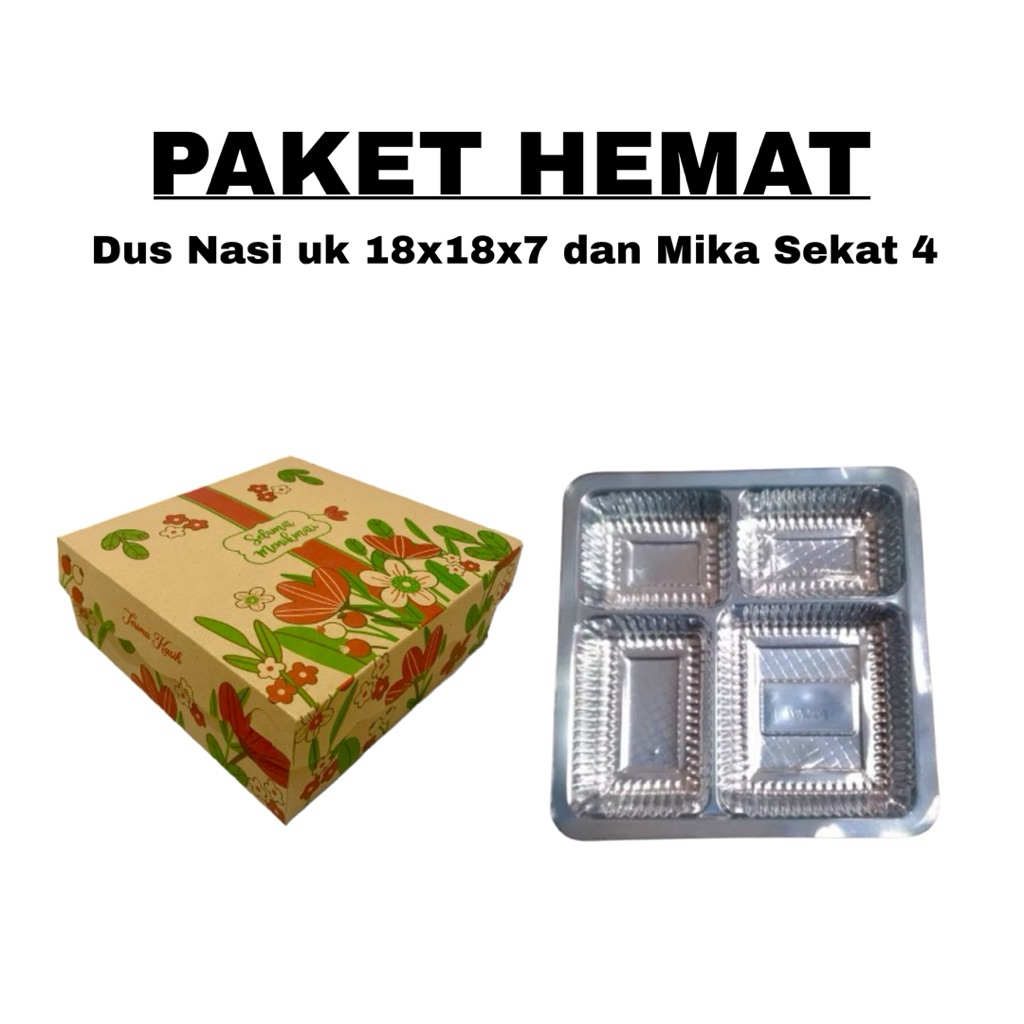 Paket Hemat | Dus Nasi 18x18x7 Dan Mika Sekat 4 | Kardus Nasi/Kue | Mika Makanan |
