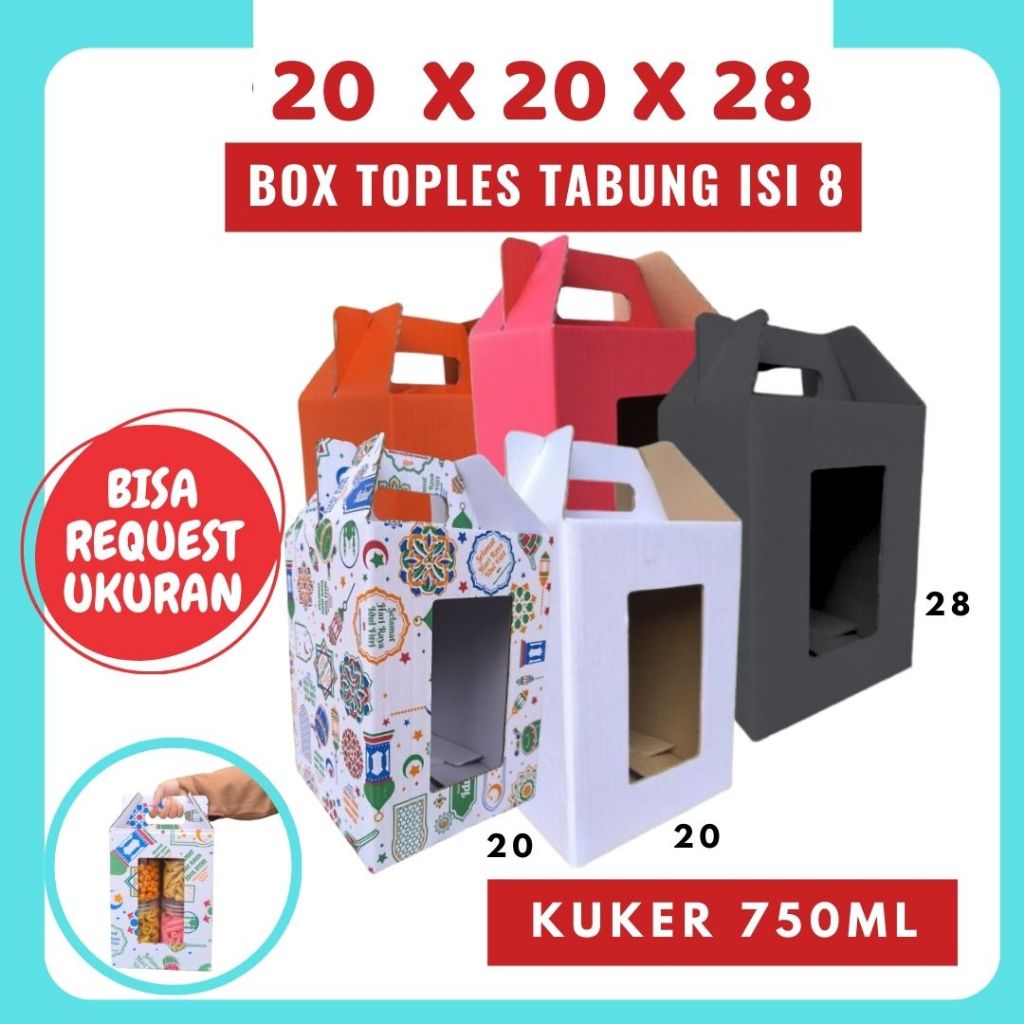 

Kardus 20x20x28 Jinjing (KUKER TOPLES JAR 8x750ml) Gable Box Idul Fitri Lebaran Hampers Kue Kering