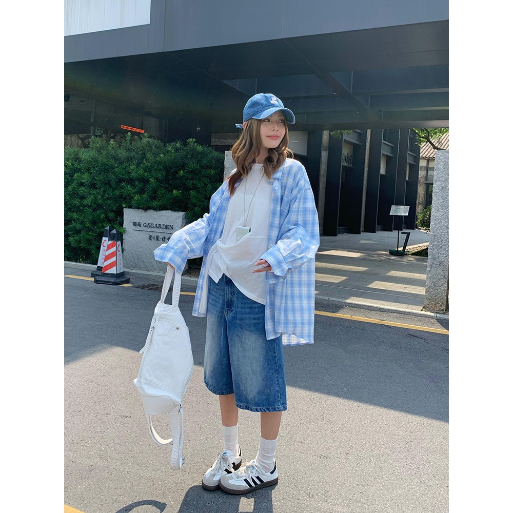 SOSO blouse wanita Kemeja Kotak-kotak Biru Wanita Longgar Korea Biru dan Putih Kemeja Lengan Panjang