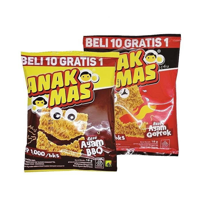 

Mie Anak Mas Mix Shake 18gr Ayam Geprek BBQ Emas (isi 10 pcs) Mie Snack Jadul Snack Grosir