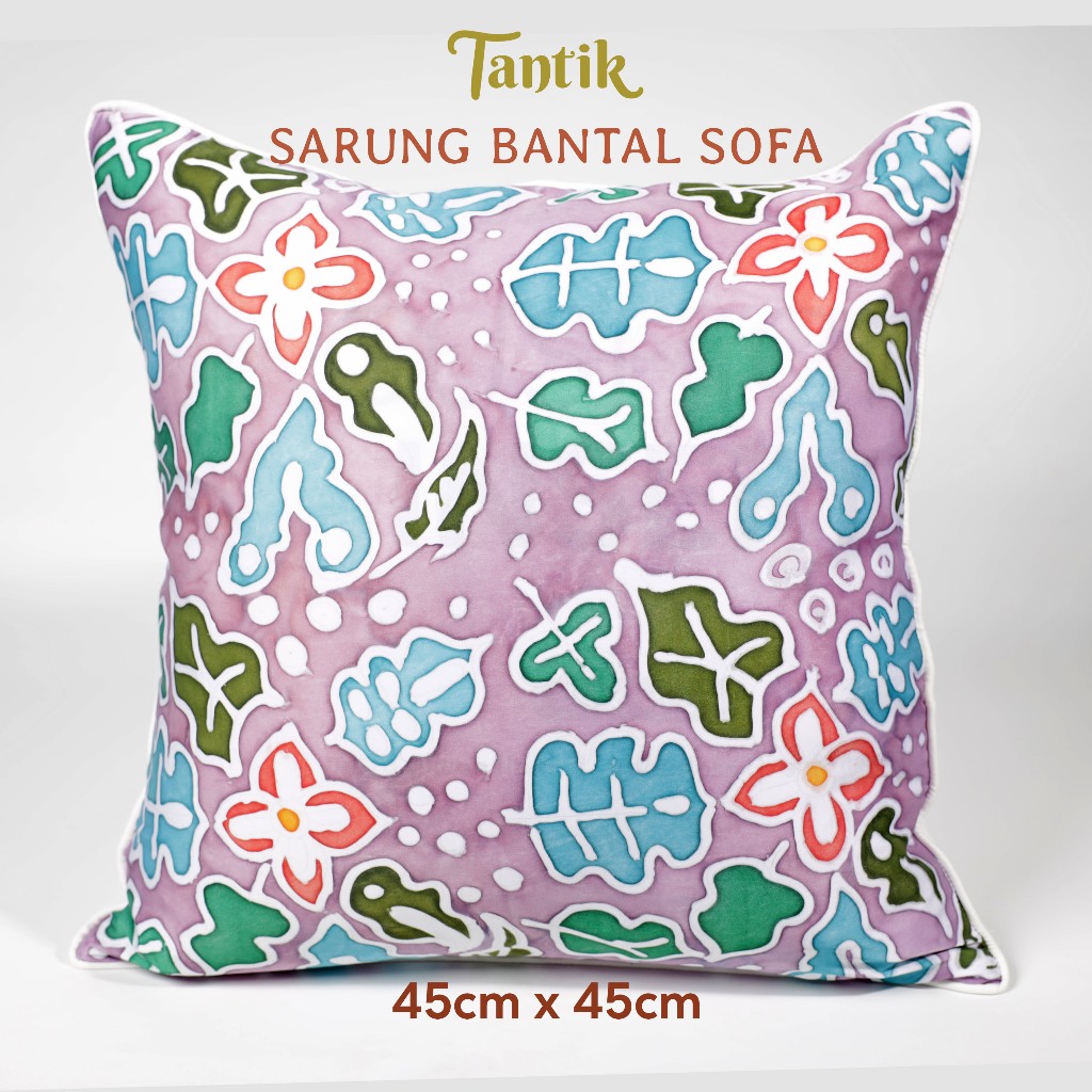TANTIK Sarung Bantal Sofa Atau Kursi Motif Gambar daun Bunga Ungu Membatik Premium Handmade