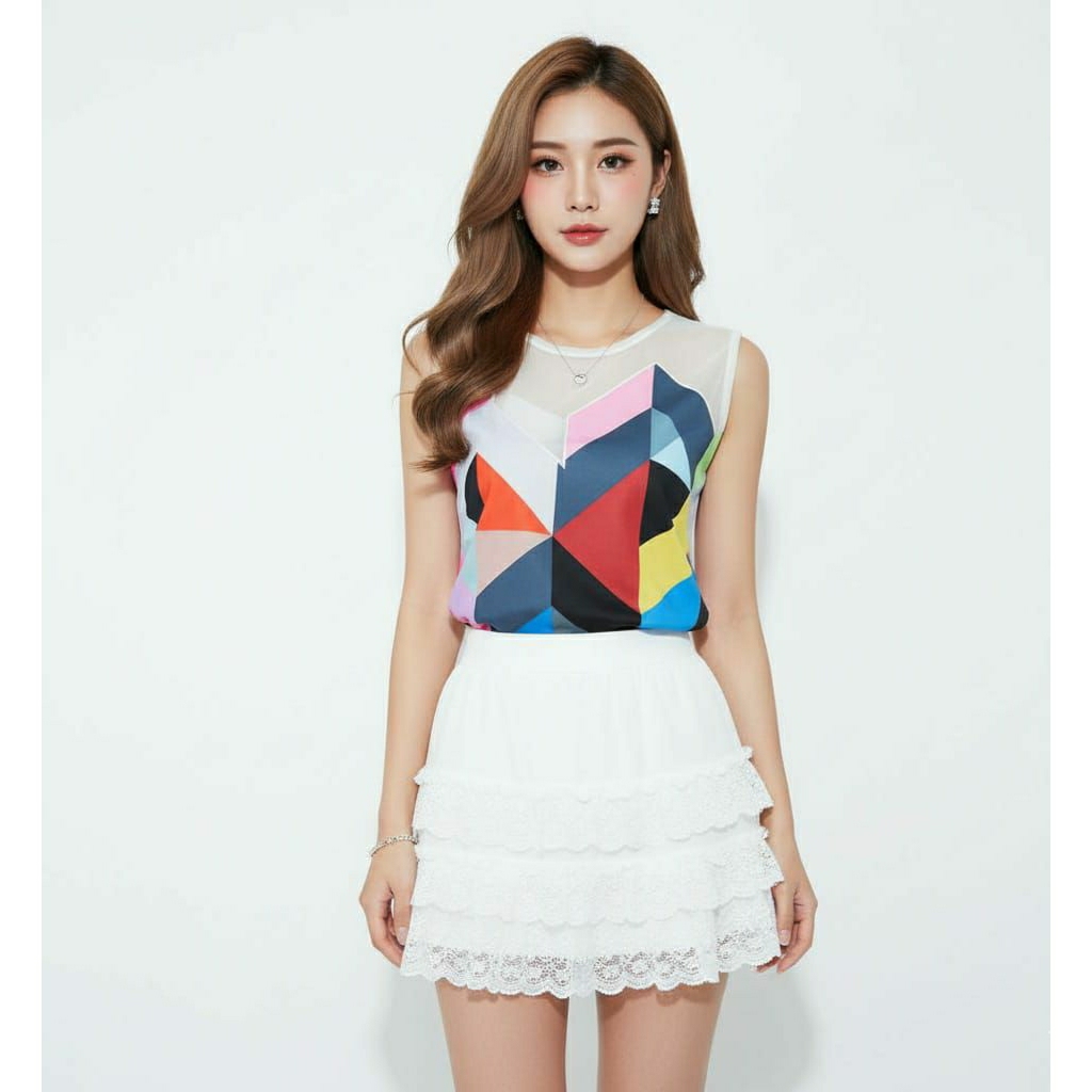 LOVE & BRAVERY ~ Atasan Wanita Warna-Warni Colorfull Pop-colored Prisms Maze Top