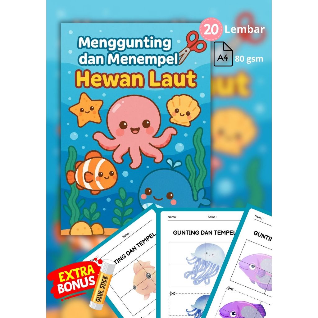 Worksheet Printable Hewan Laut - Lembar Kerja Anak TK PAUD Aktivitas Gunting Tempel Edukatif