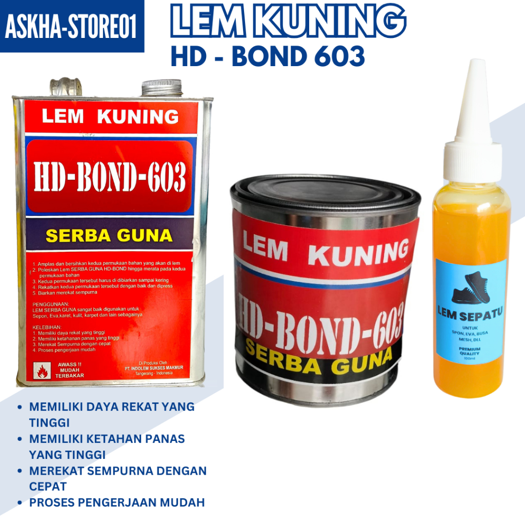 

( LEM KUNING HD-BOND 603 ) lem dalam kemaasan variasi eceran botol,kompan dan liter