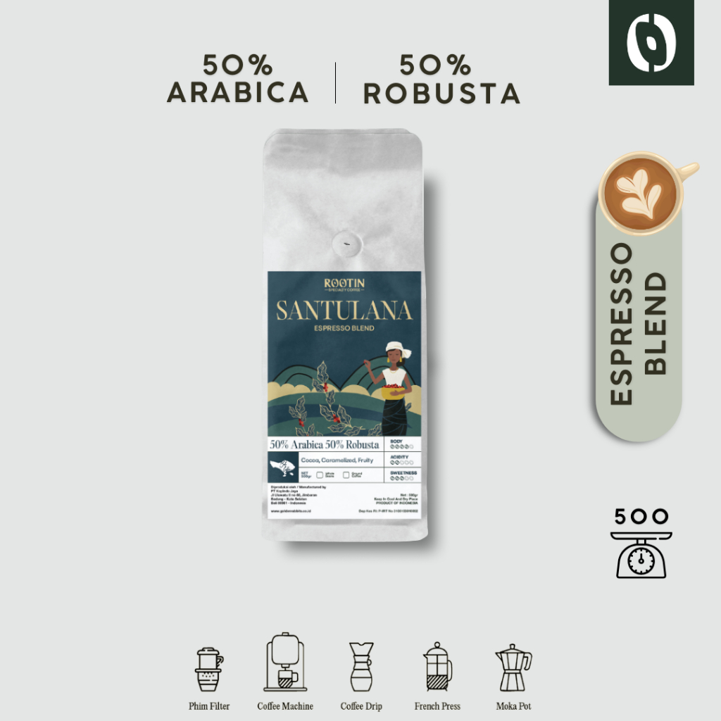 

Rootin Coffee Santulana Espresso Blend 50% Arabika 50% Robusta Beans Biji dan Bubuk Kopi / 500gr