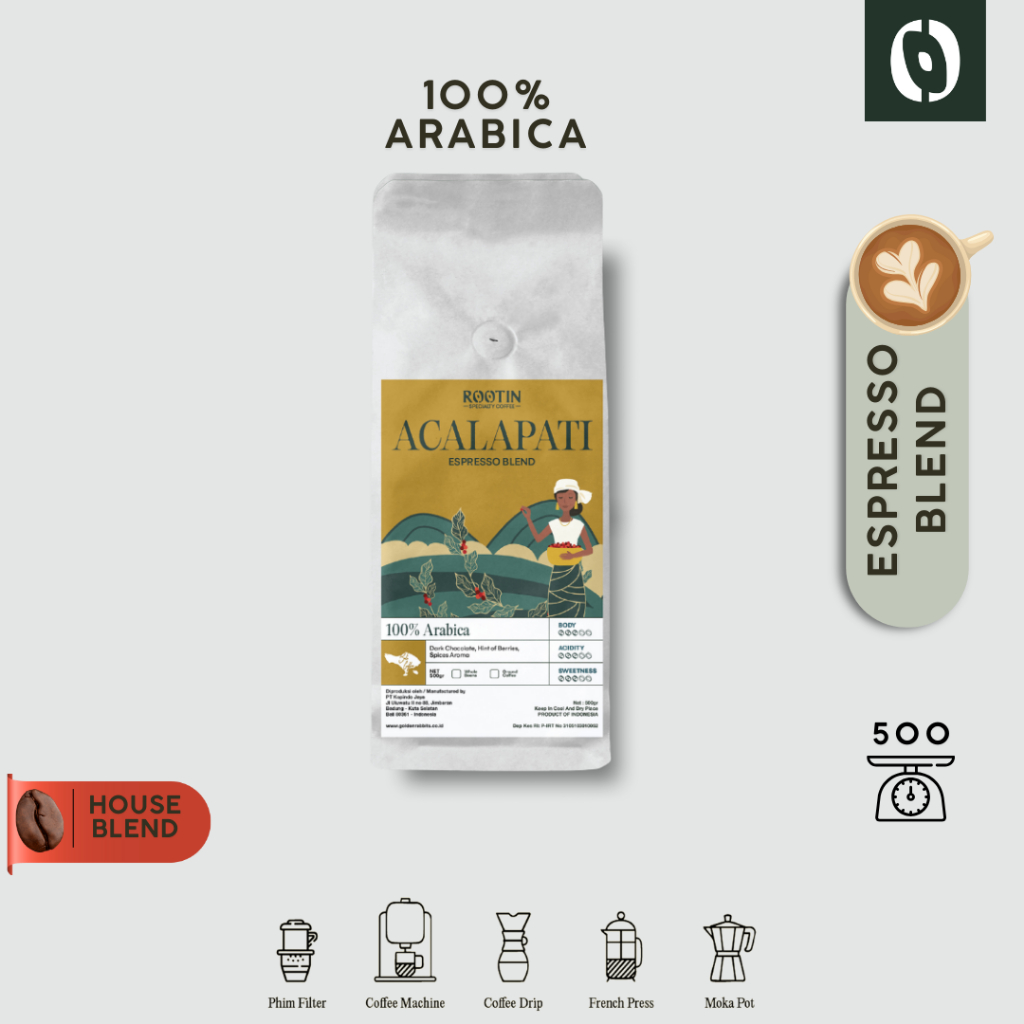 

Rootin Coffee Specialty Acalapati House Blend 100% Arabica Beans Biji dan Bubuk Kopi / 500gr