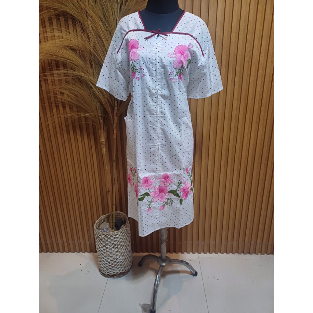 Daster Malang Wanita Katun Jepang Premium Bordir Bunga Anggrek Putih
