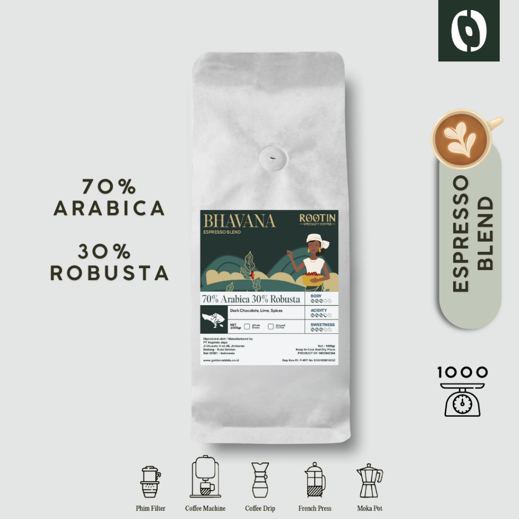 

Rootin Coffee Bhavana Espresso Blend 70% Arabika 30% Robusta Beans Biji dan Bubuk Kopi / 1kg