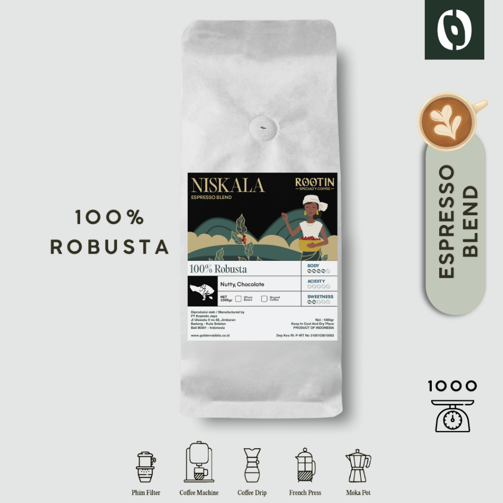 

Rootin Coffee Niskala Espresso Blend 100% Kopi Robusta Beans Biji dan Bubuk Kopi / 1kg