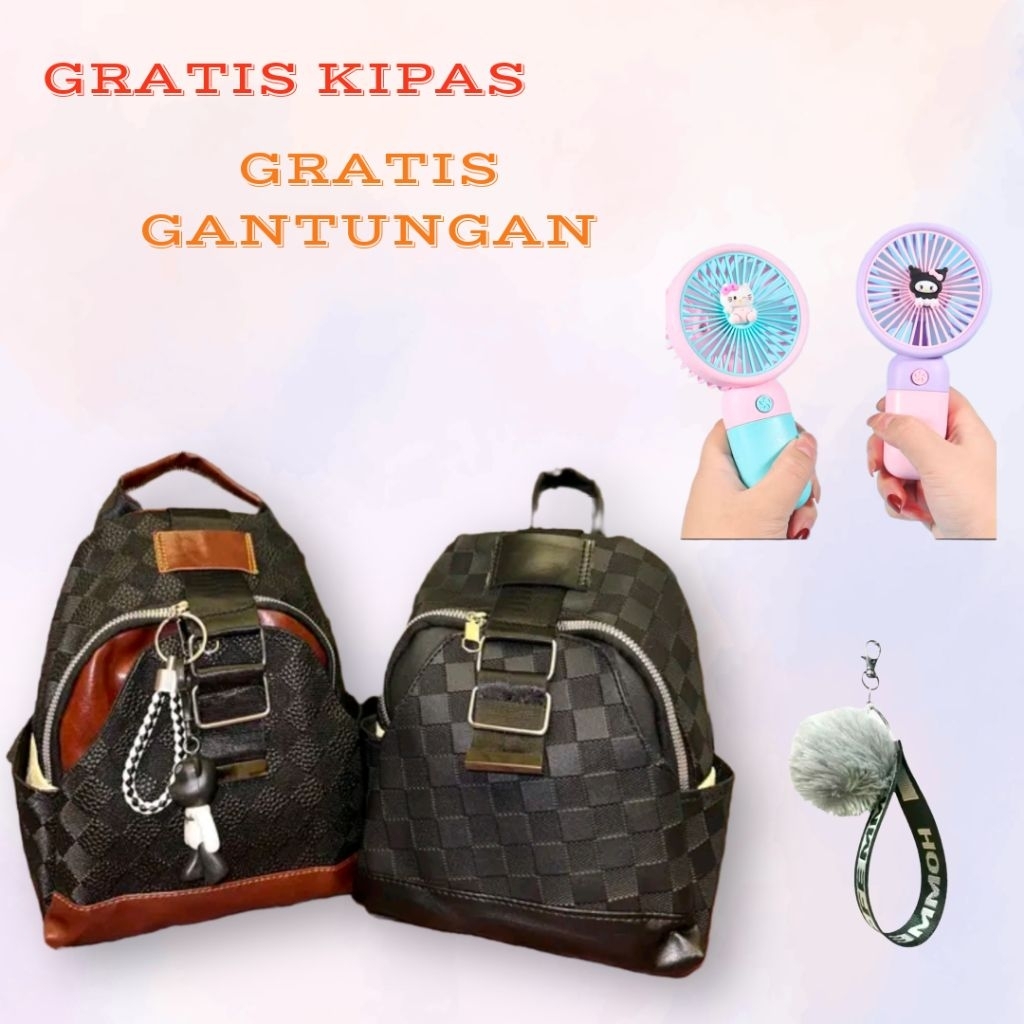 Tas Ransel Mini Wanita Gaya Fashion Kekinian Tas Ransel Wanita Motif Kotak Kotak
