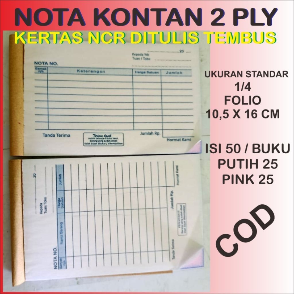 

nota kontan 2 ply isi 50 / buku ( putih 25 + pink 25 ) ukuran 1/4 folio.READY STOCK