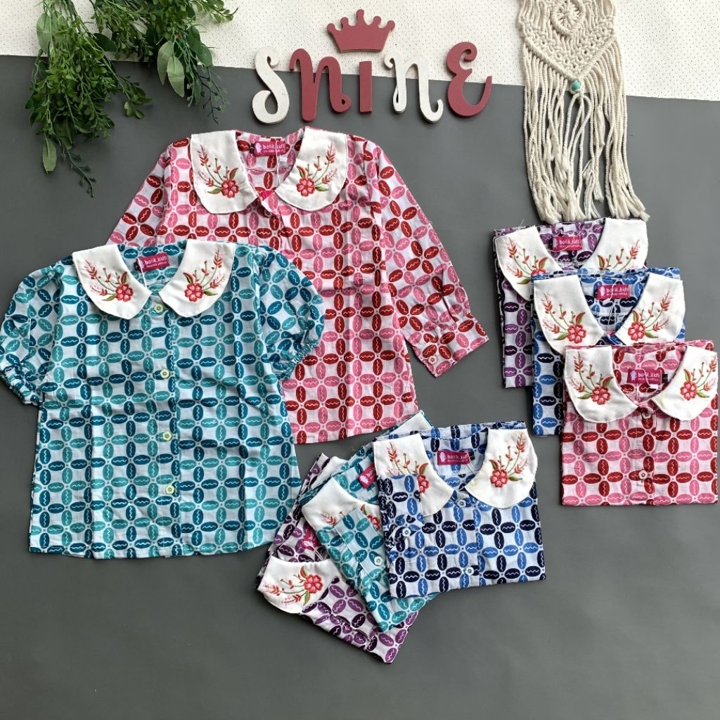 Shine Blus Top Atasan Batik Anak Cleo Lengan Panjang Pendek Kerah Bordir Putih Cantik
