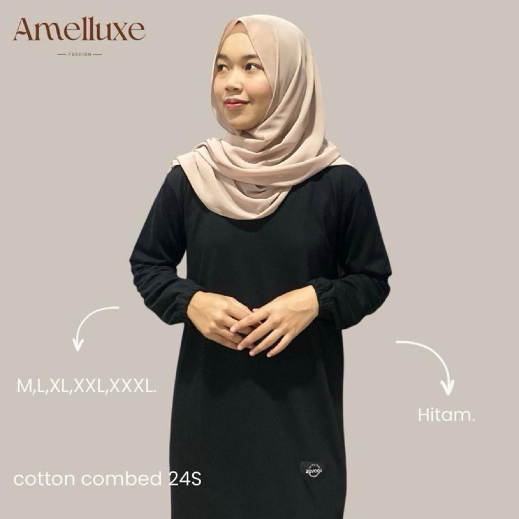 Atasan Tunik Polos Jumbo Warna Hitam Lengan Panjang - Tunik Kaos Bahan Cotton Combed 24s