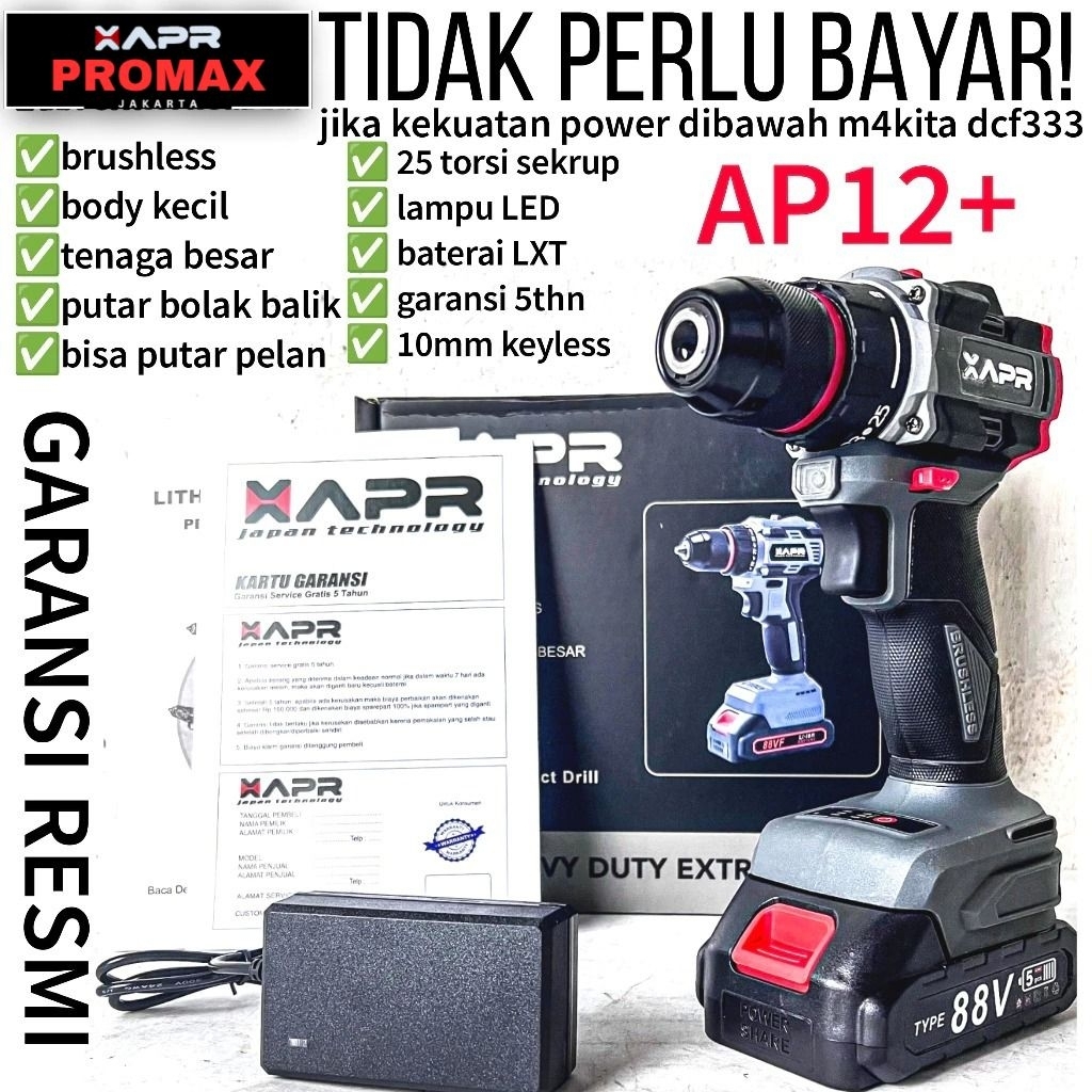 BIG PROMO BOR TANGAN DRILL CORDLESS BRUSHLESS AP12+ APR 10MM BOR LISTRIK KAYU TEMBOK BESI
