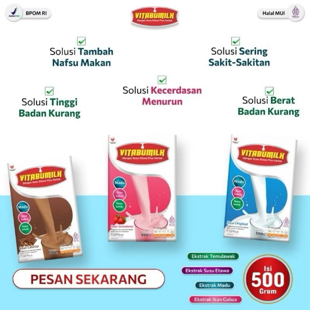 

SUSU KAMBING ETAWA PLUS HERBAL, SUSU KAMBING BUBUK 500gr, SUSU CERDAS DAN NAFSU MAKAN ANAK.. VITABUMILK