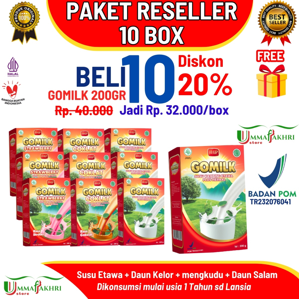 

Gomilk Susu Kambing Etawa 10 Box 200gr | Paket Reseller Plus Herbal | Diskon 20% Bebas Pilih Rasa