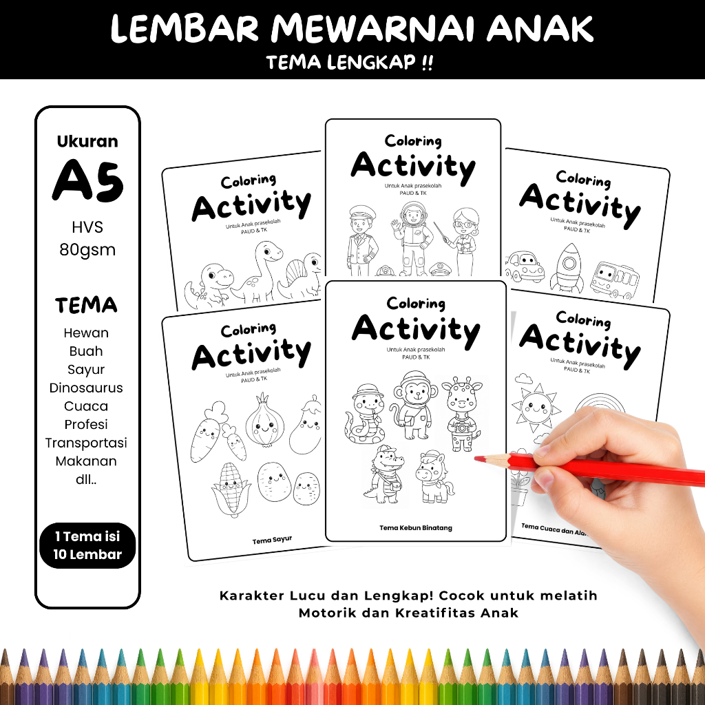 

10 Lembar Kertas Mewarnai Anak TERMURAH! Tema Lengkap UKURAN A5 KERTAS HVS 80 GRAM