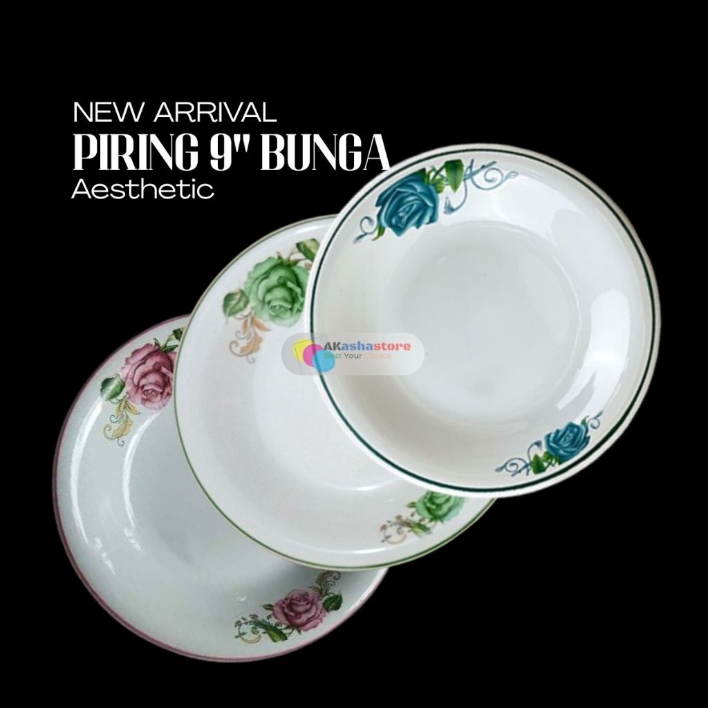 Piring Makan Keramik 1 Lusin Isi 12 pcs Motif Bunga 9 Inchi Packing Kayu