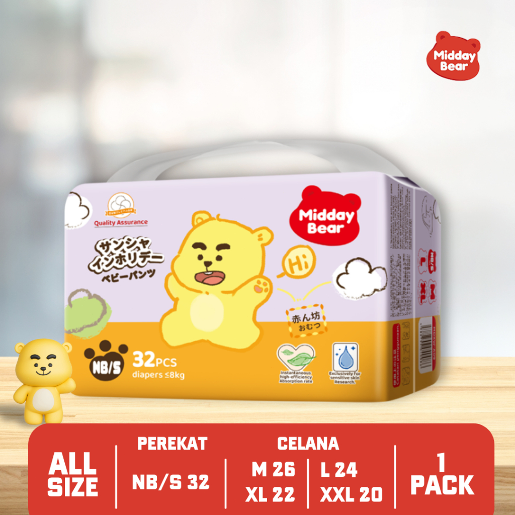 (1 Pack) Midday Bear Popok Bayi Celana Pants dan Popok Perekat Comfort Fit Xtra Kering & Dry - Pull-