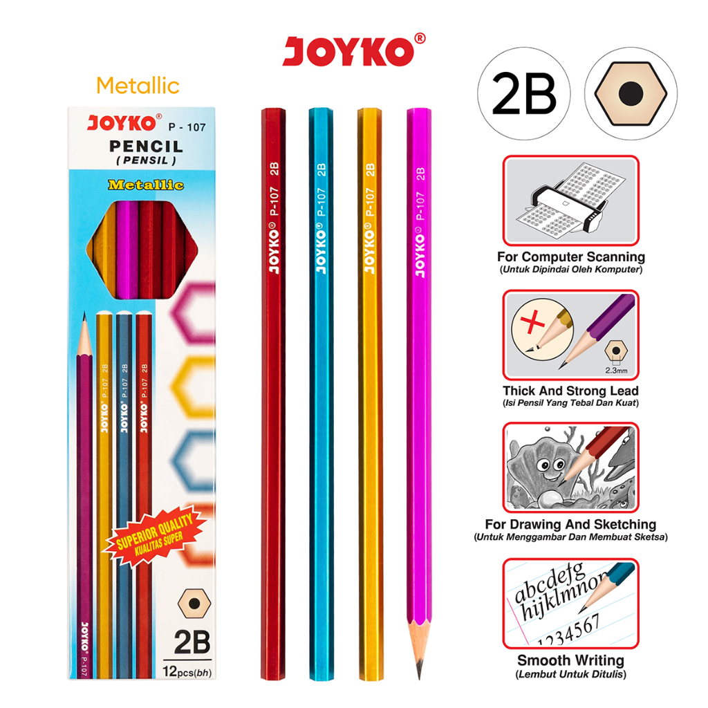 

JOYKO Pencil 2B / Pensil Joyko P-107 2B Mettalic 1 Pack (12 Pcs)