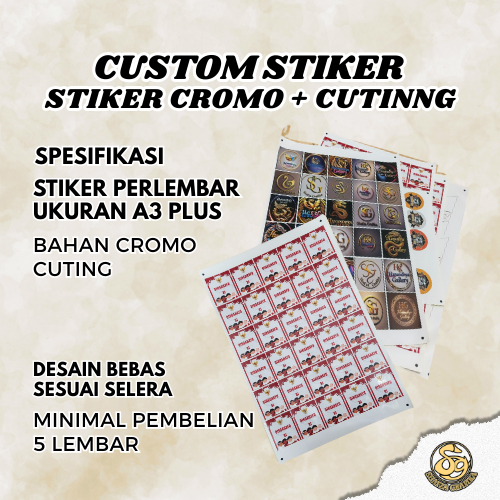 

Stiker custom bahan cromo + cutting ukuran a3+, ukuran stiker sesuai keingan, stiker tempelan, stiker helm, stiker kaca, stiker case hp, name tag
