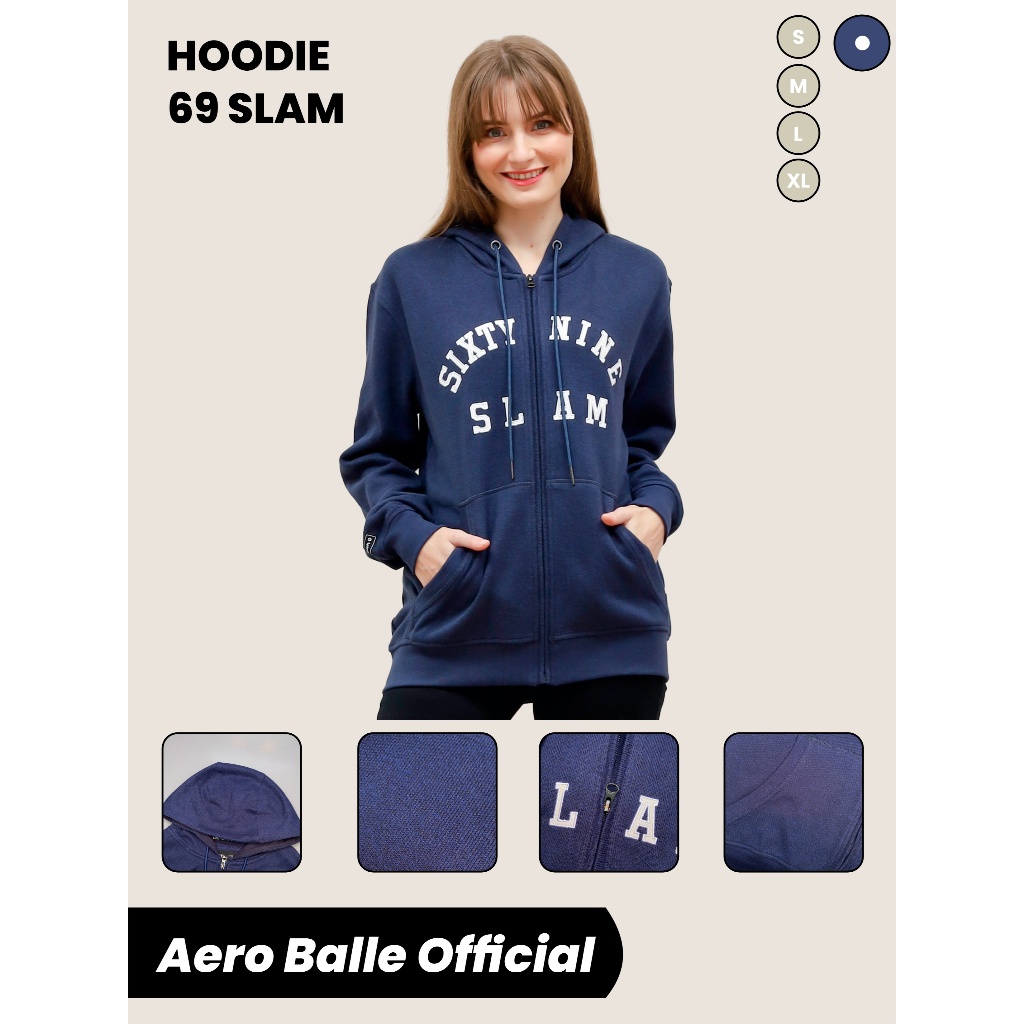 Jaket Hoddie Zipper Bordir 69 Slam Unisex Katun Fleece Premium Navy - Aero Balle