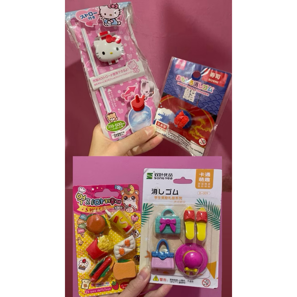 BUNDLE Hello Kitty Bottle Cap with Straw + Daiso Sushi Eraser , Penghapus mainan anak bentuk makanan