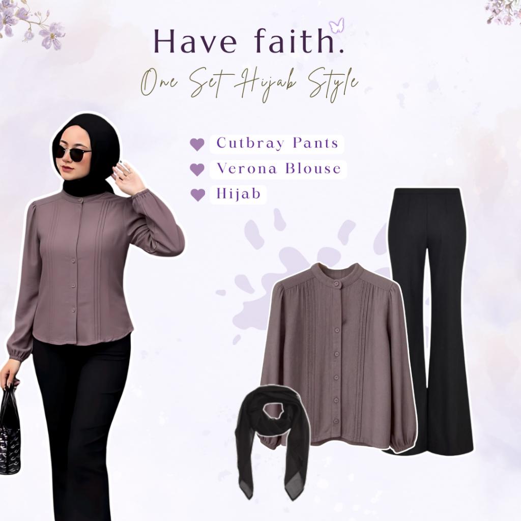 One Set Ootd Kekinian || Outfit Korean Look - Verona Blouse Polo Linen Taupe + Cutbray Pants Scuba H