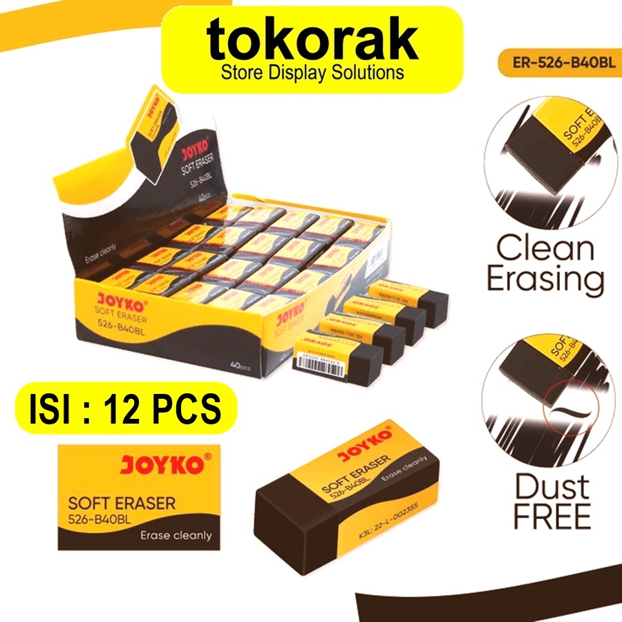 

JOYKO PENGHAPUS PENSIL HITAM JOYKO ERASER 526-B40BL JOYKO ISI 12 PCS BLACK ERASER 526 B40BL
