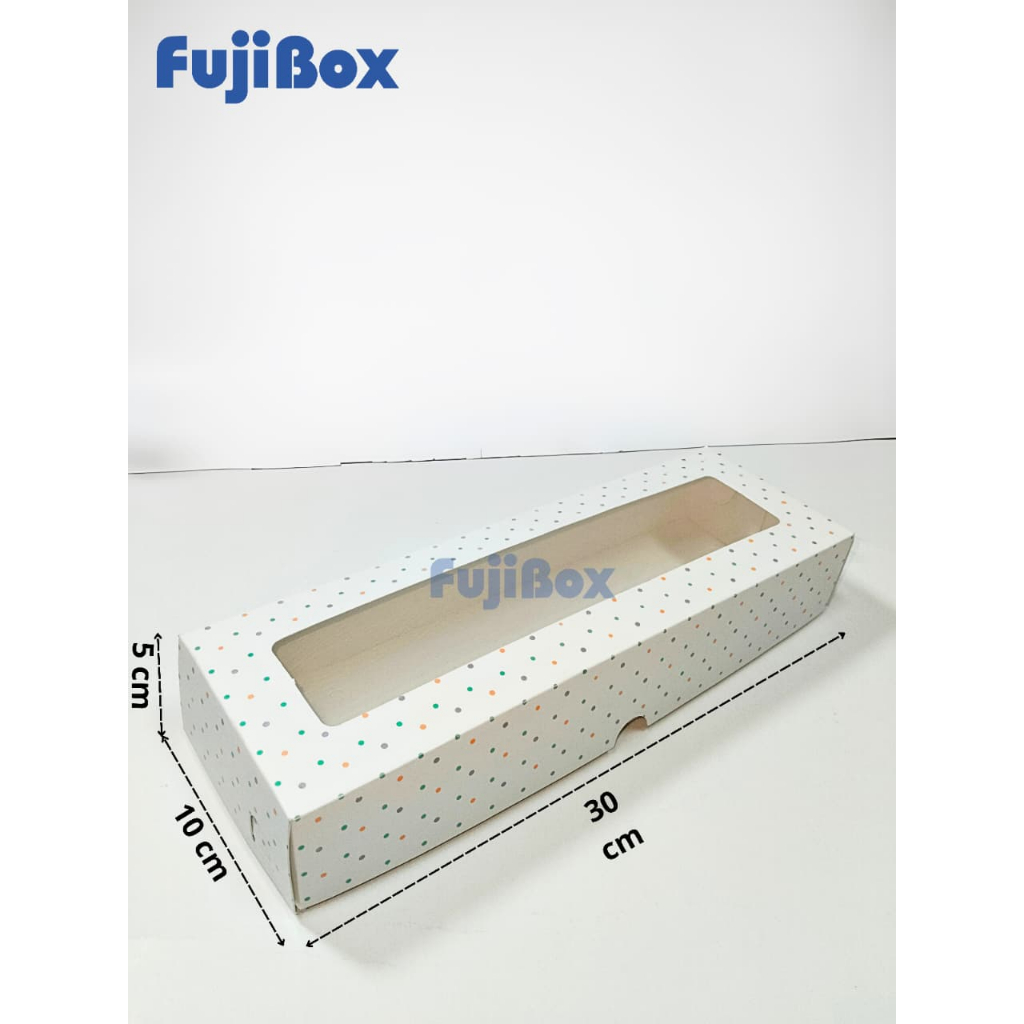 

( 10 Pcs ) Fuji Box Dus Kotak Kue Cake Brownies Pie Ivory Motif Polkadot Warna Warni 10 cm x 30 cm x 5 cm Putih Ivory Premium Jendela