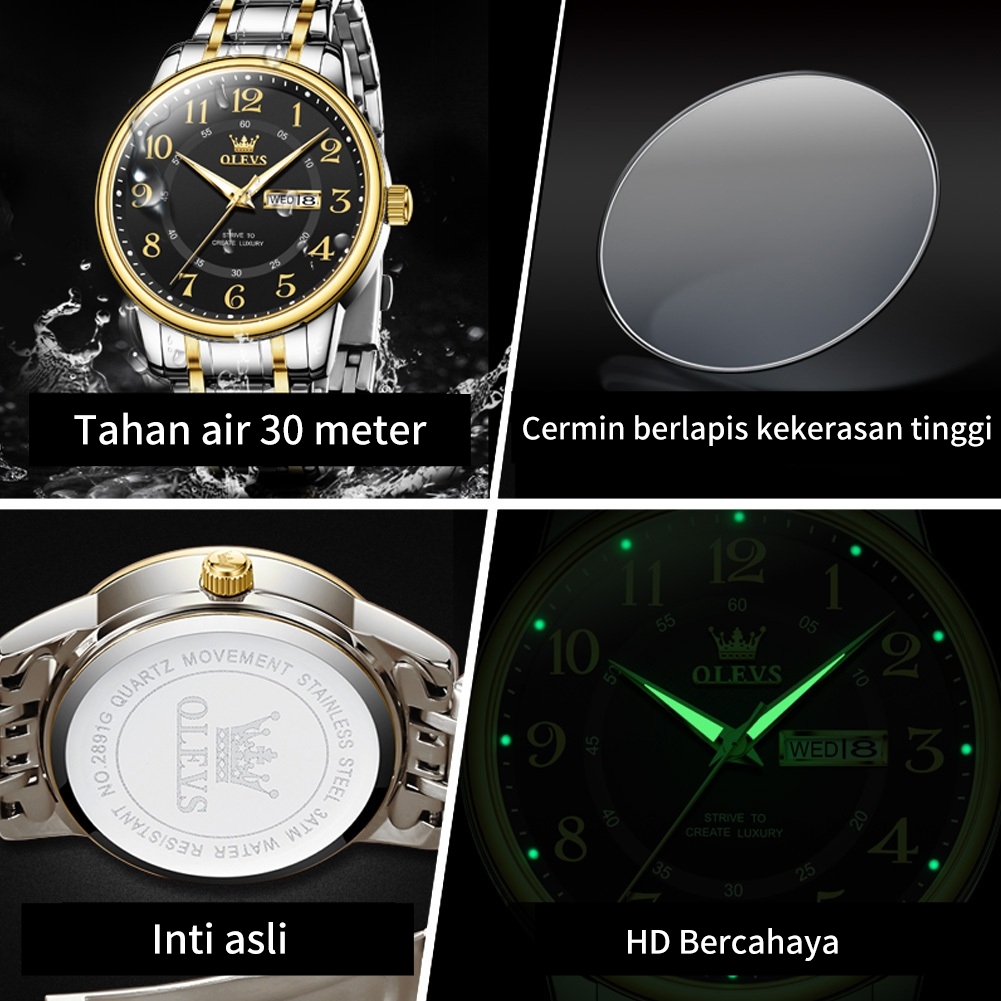 OLEVS Jam Tangan Pria Anti Air Original Mewah Digital dial Kalender Tahan Arloji Pria 2026 Hitam