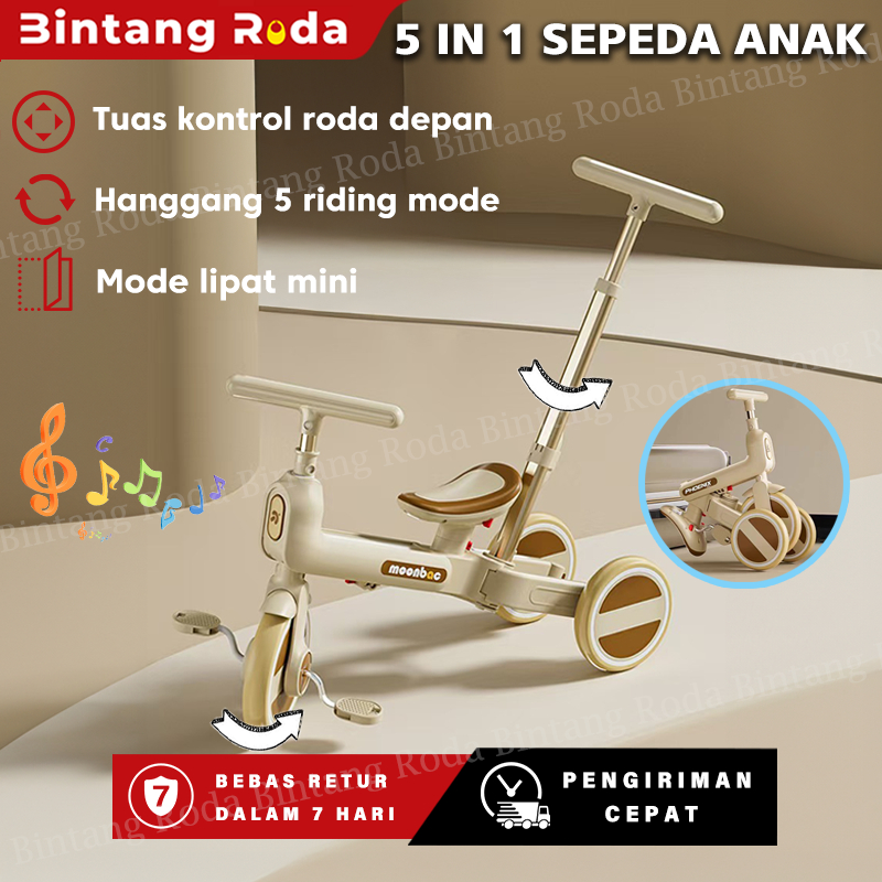 【Stok Lokal】Sepeda Anak 5 in 1 - Sepeda Roda Tiga + Balance Bike + Batang Dorong & Kemudi - ​Desain 